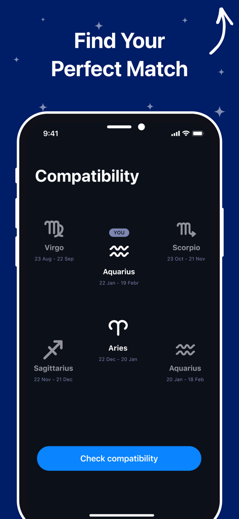 Horoscope & Astrology - Astro+ - Astro+モバイルアプリの星座の相性チェック画面、マッチを見つけるためのもの