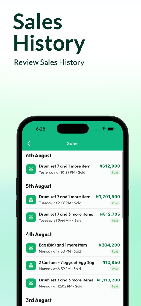 Zuru-Inventory & Sales Manager - Mobile screen showing a daily list of sales transactions with payment status and totals