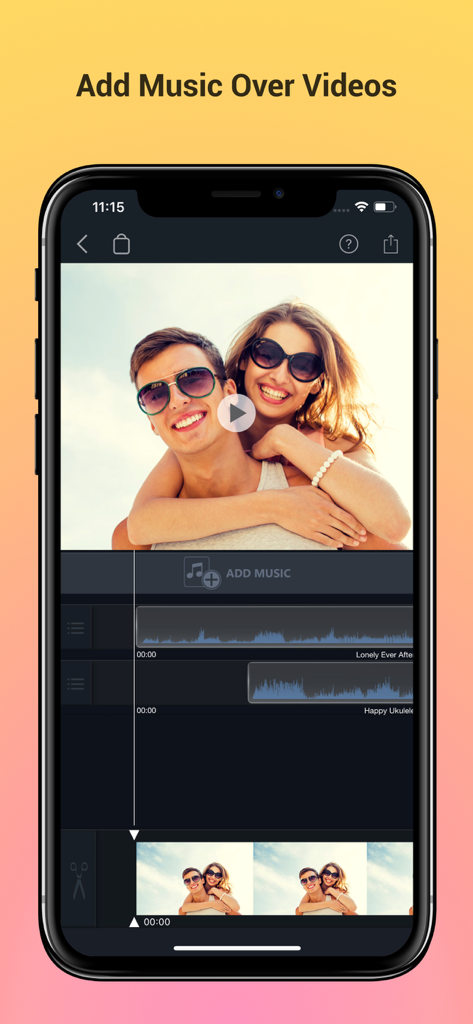 Interface d'édition vidéo mobile montrant la superposition de pistes audio et l'aperçu de la vidéo.