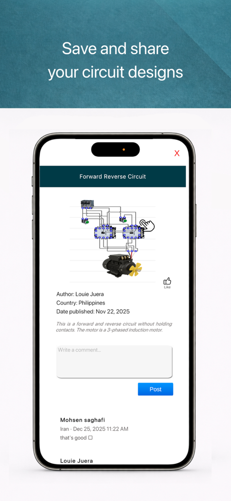 Screenshot of the ElectroSim app showing a shared forward reverse circuit design and community comments.