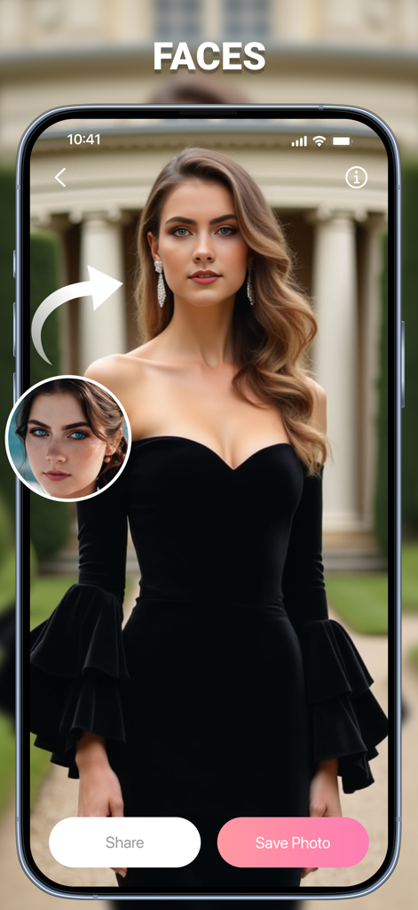 Deep Face Swap AI: FusionFaces - FusionFaces app interface showing a seamless AI face swap on a high-definition portrait.