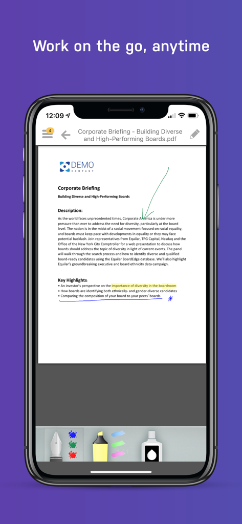 Nasdaq Boardvantage mobile app showing a corporate document with digital pen and highlight annotations