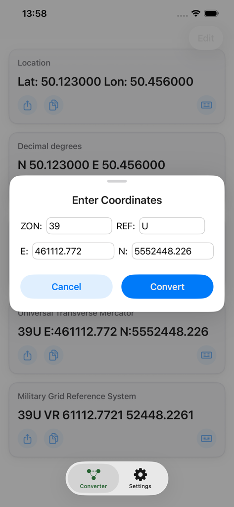 A modal window for entering UTM and MGRS coordinates within the Geo Changer app interface