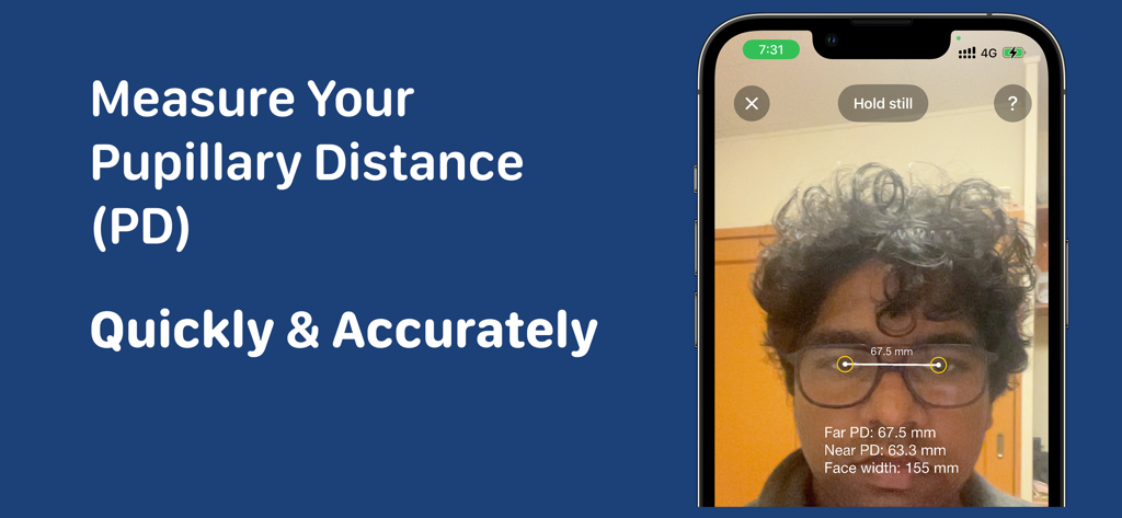 Smartphone screen displaying the Eye Measure app measuring pupillary distance on a person's face using the camera