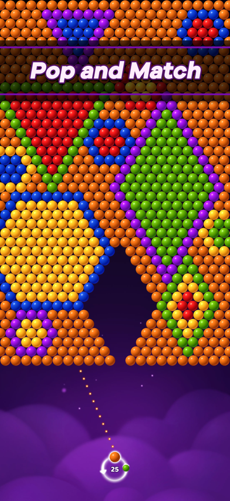 Gameplay screen of Bubble Pop Star showing colorful bubble patterns and the text Pop and Match