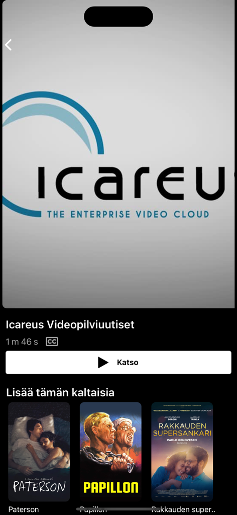 Kotikino - Kotikino app screen displaying a video preview for Icareus Videopilviuutiset with a watch button and recommended movies below