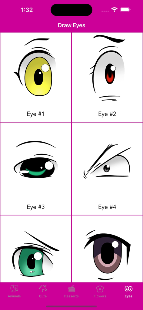 Mobile app screen showing various anime and manga eye drawing lessons for beginners