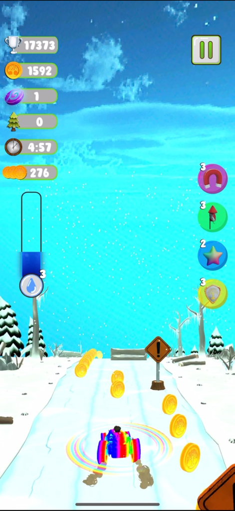 Speed For Trees - A rainbow car racing on a snowy track in the Speed For Trees mobile game
