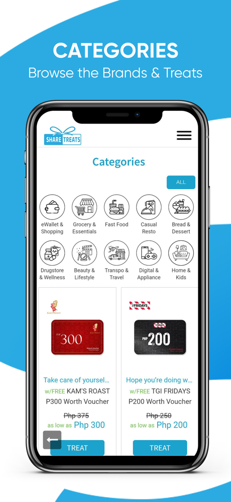 SHARE TREATS - Share Treats mobile app categories screen showing various digital gift options for food shopping and wellness