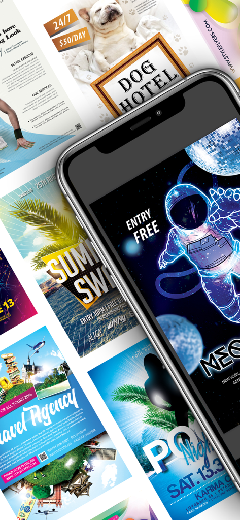 Create Flyers & Logos - Maker - iPhone screen displaying various professional flyer templates for events travel and businesses