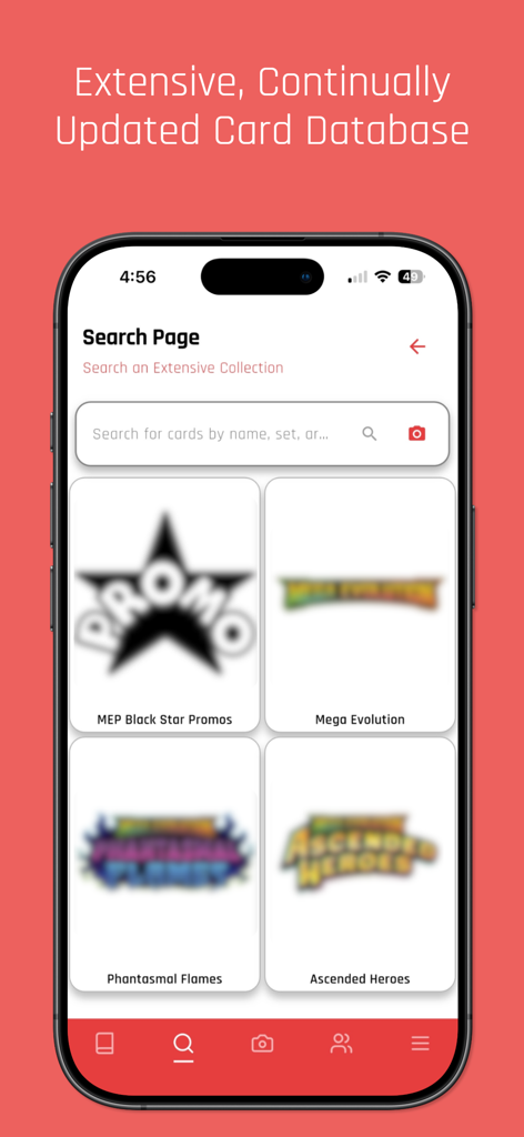PokeLenz - TCG Scanner - Search page of the PokeLenz TCG Scanner app showing various Pokemon card sets.