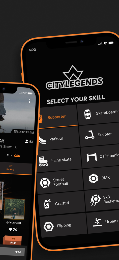 CityLegends: Skate BMX Parkour - CityLegends app interface showing skill categories for action sports and street culture