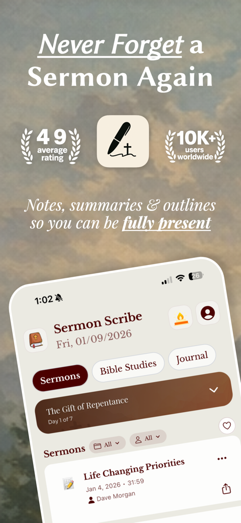 Sermon Scribe: Christian Notes - Sermon Scribe app interface featuring sermon summaries, bible studies, and journaling options with high user ratings.