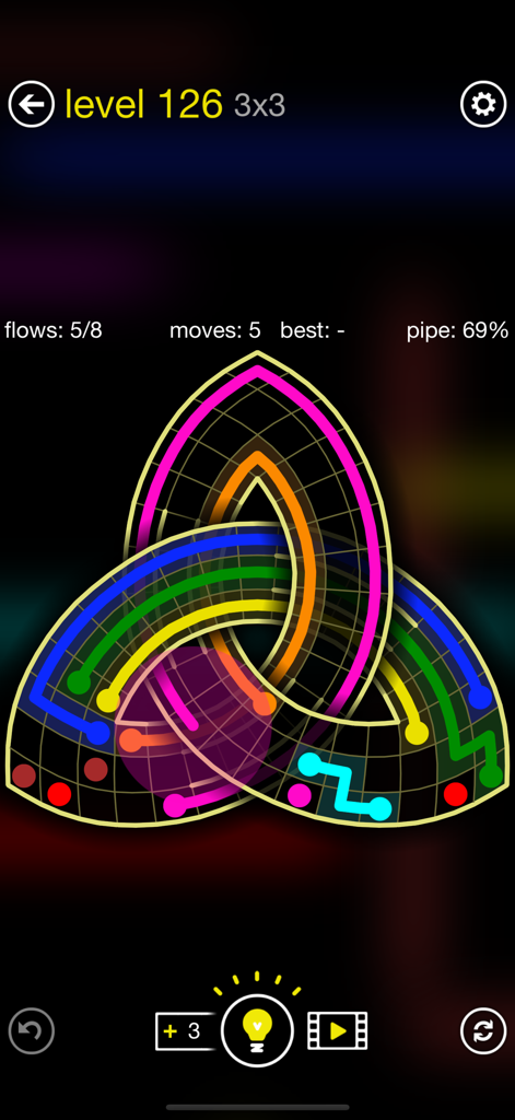 Flow Free Shapes mobile game screenshot showing colorful lines connecting dots on a unique geometric grid.
