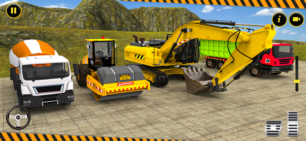 Heavy Construction Truck Games - Uma variedade de máquinas de construção incluindo uma escavadeira, um misturador de cimento e um rolo compactador em um jogo de simulação.