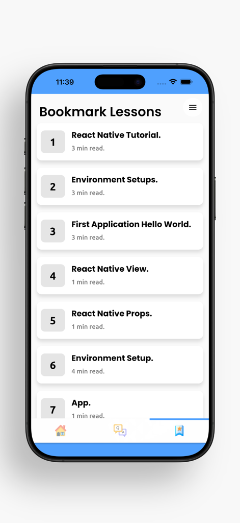 Learn React Native PRO - A list of bookmarked lessons in the Learn React Native PRO app showing various mobile development tutorial topics