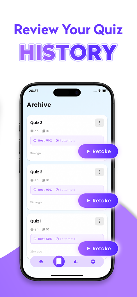 A mobile screen showing the quiz history and performance tracking archive in the Quizi AI app