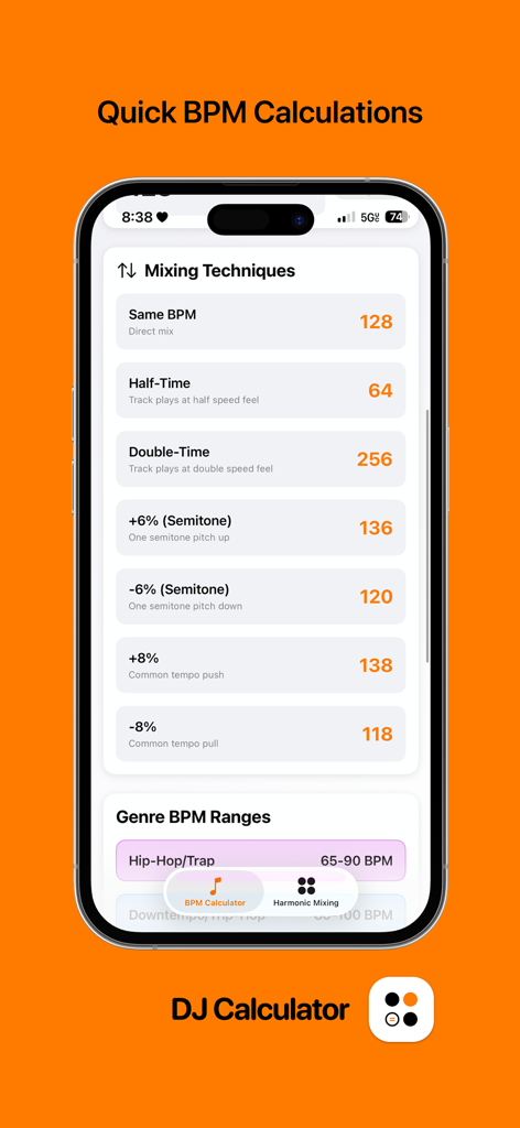 DJ Calculator - DJ Calculator app screen showing BPM calculations for mixing techniques and pitch adjustments