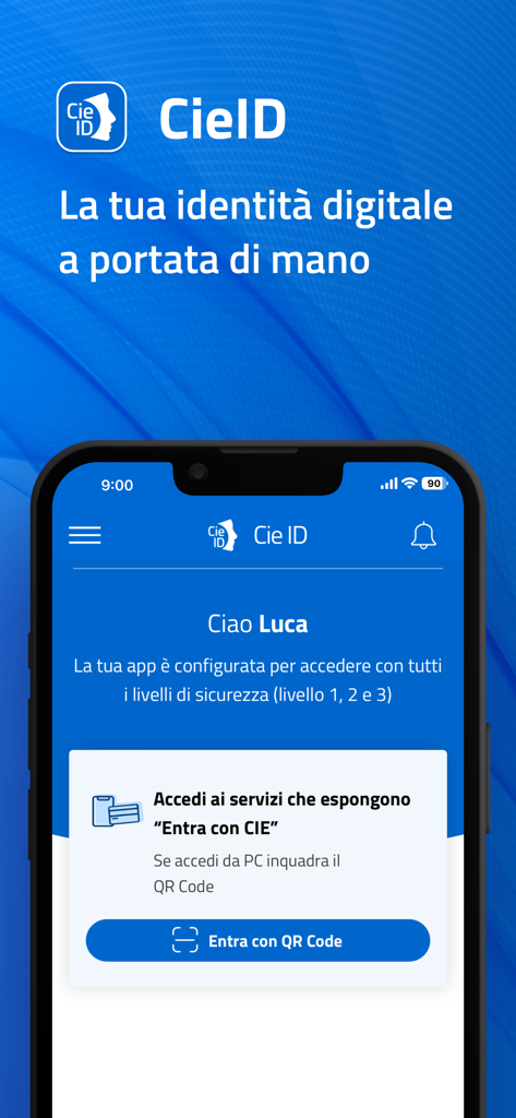 CieID - CieID app home screen displaying Italian digital identity management and QR code login option