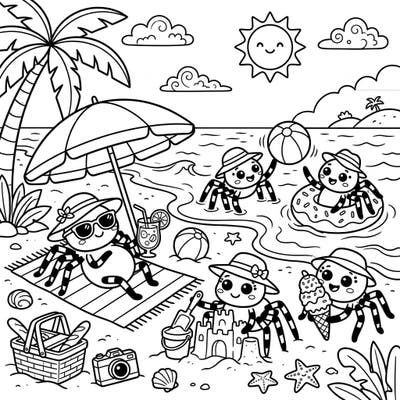 Unleash your creativity with this super fun coloring page featuring adorable spiders enjoying a vibrant summer beach vacation. Designed for teens, it's packed with playful details like sandcastles, ice cream, and sunny beach vibes.