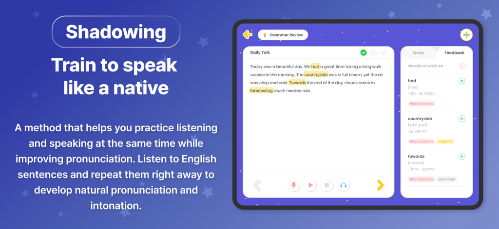 Ella School - English Learning - iPad screenshot showing the Shadowing feature of Ella School app where a user can practice English speaking and receive feedback on pronunciation.