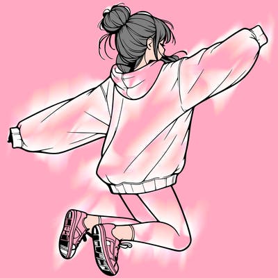 realistic girl jumping with a bun and oversized sweatshirt