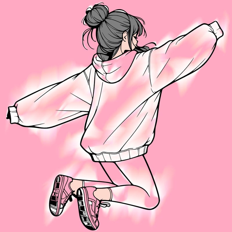 realistic girl jumping with a bun and oversized sweatshirt