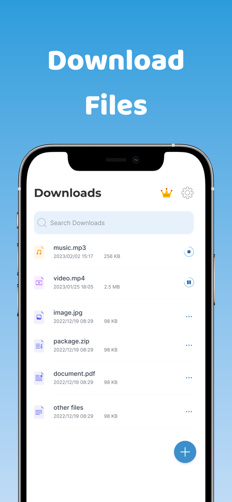 Pantalla del iPhone que muestra la lista de descargas de la aplicación Offline Pro con archivos de música, vídeo y documentos