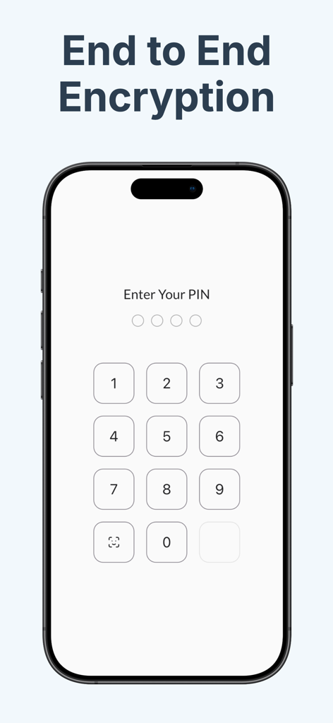 Authenticator - OTP Manager - Smartphone displaying end to end encryption and a secure PIN entry screen for the Authenticator app.