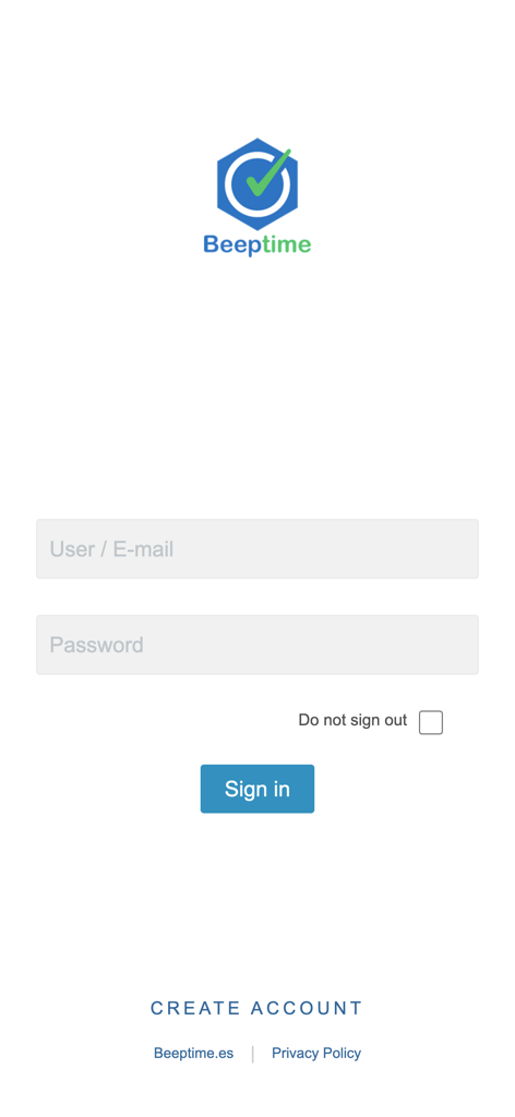 Beep Time - Beep Time app login interface showing user email and password fields with a sign in button