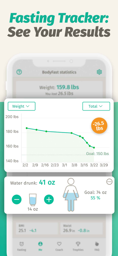 BodyFast app screenshot showing a weight loss progress chart and water intake tracker