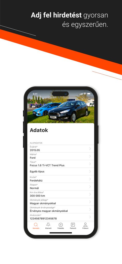 Használtautó - Interfaccia dell'app Hasznaltauto che mostra i dettagli tecnici per la pubblicazione di un annuncio di auto usata