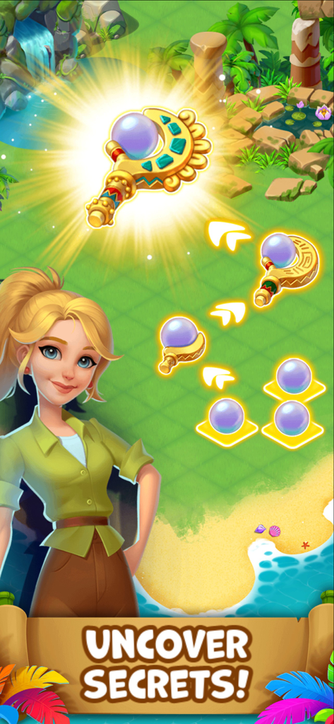 Tropical Merge - A female character standing on a tropical island beach with a merge sequence of pearls turning into a golden scepter and text saying Uncover Secrets