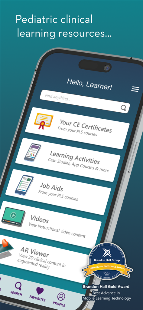 Pediatric Learning Solutions - Main interface of the Pediatric Learning Solutions app displaying clinical learning resources and educational modules