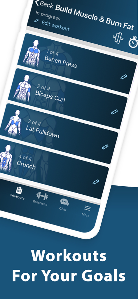 Dr. Muscle AI Personal Trainer - Interfaz de la aplicación Dr. Muscle mostrando una lista de ejercicios que incluye press de banca y curls de bíceps bajo el plan de entrenamiento para ganar músculo y quemar grasa.