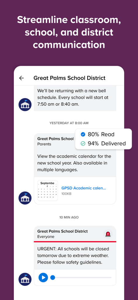 Screenshot of Remind app interface showing school district announcements read receipts and urgent weather alerts