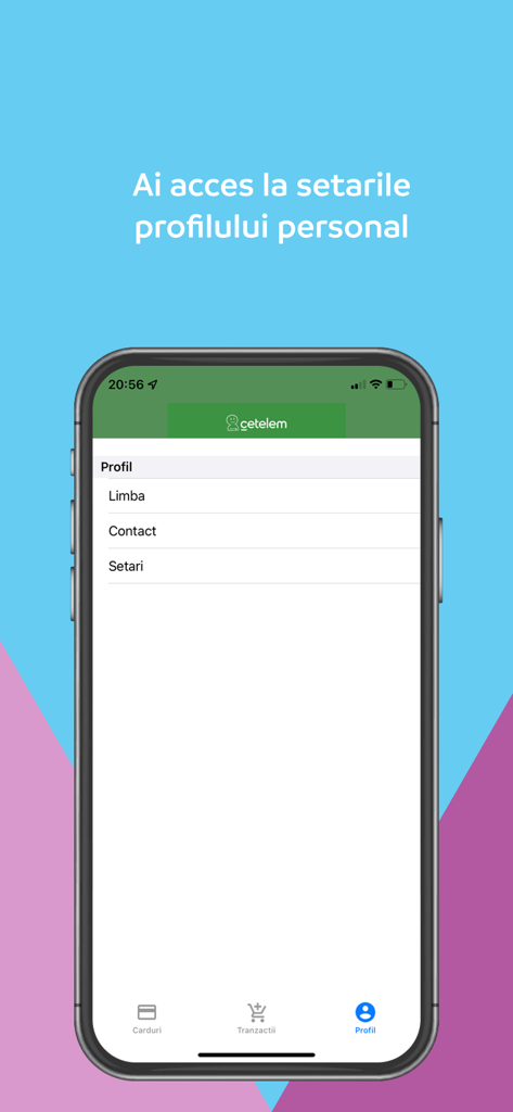 Screenshot del menu delle impostazioni del profilo nell'app Cetelem 3D Secure con opzioni per lingua, contatti e impostazioni generali