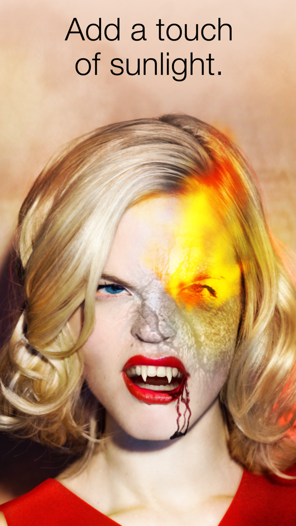 A woman with vampire fangs and a realistic skin-burning sunlight effect from the Vampify app