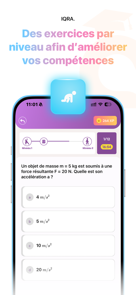 IQRA app interface showing a physics multiple choice question with gamified level progress