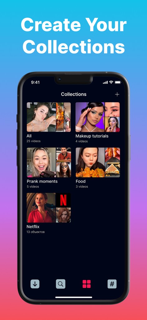 EasyTox app interface showing organized video folders and collections for social media curators
