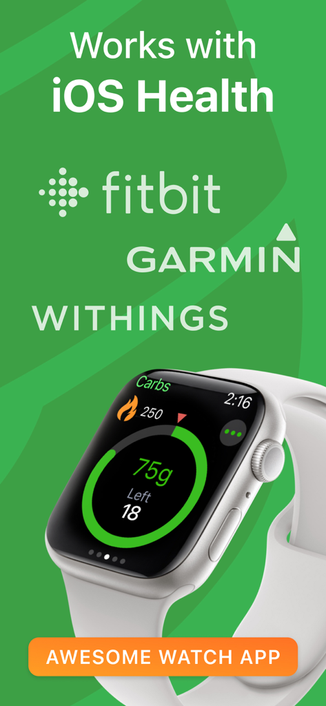Keto Diet App - Carb Genius - Carb Genius keto diet app interface on an Apple Watch showing carb tracking and health device integrations