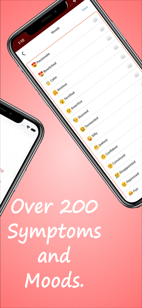 Calendário do Ciclo Menstrual - Smartphone screen displaying a variety of moods and symptoms to track in the period cycle app