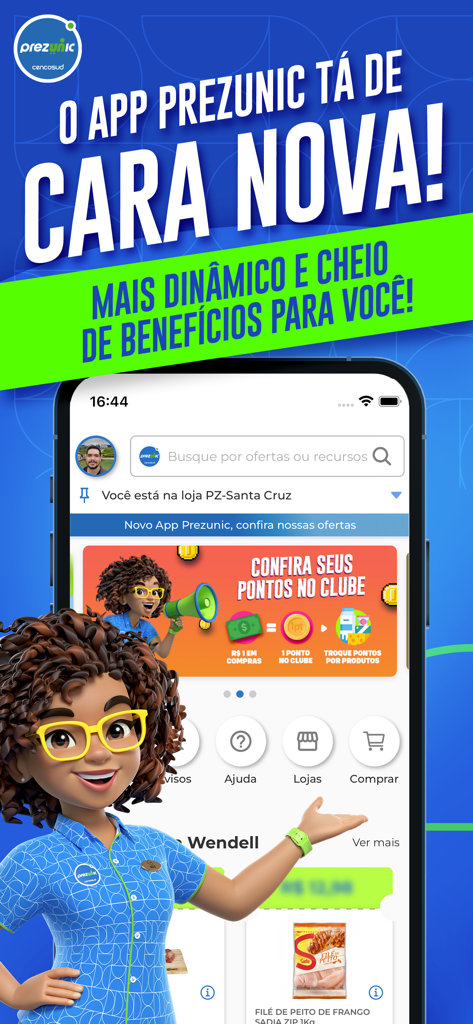 Prezunic - Promotional image showing the new Prezunic app interface with loyalty program features and a friendly cartoon mascot