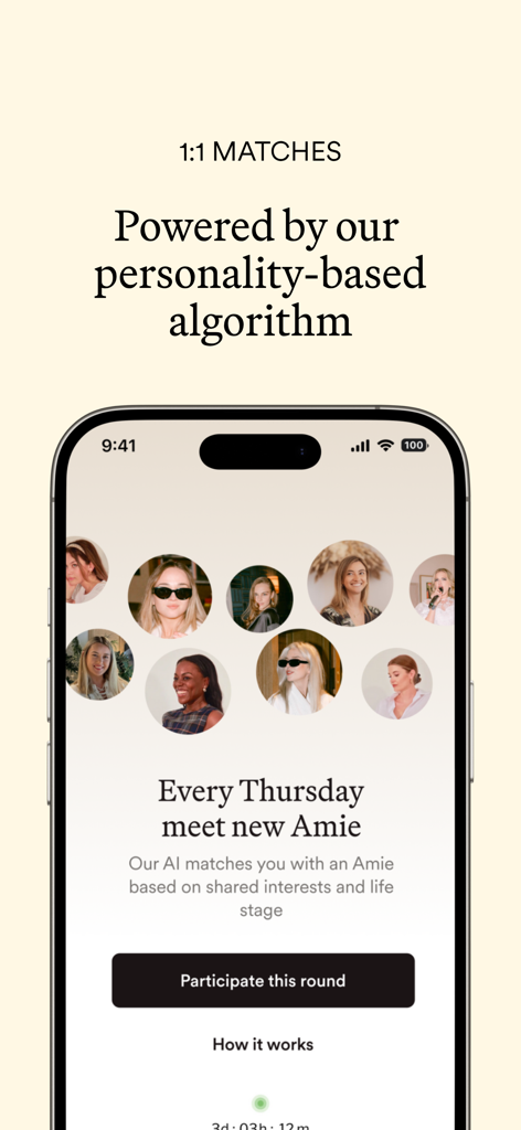 Les Amis: Connecting Women - Les Amisアプリのモバイル画面。似たような興味やライフステージを持つ女性をマッチングするための性格ベースのアルゴリズムが表示されています。