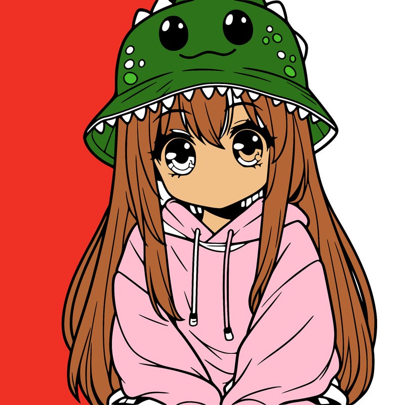 girl with anime shaped eyes with a dinosaur bucket hat oversized sweatshirt long straight hair