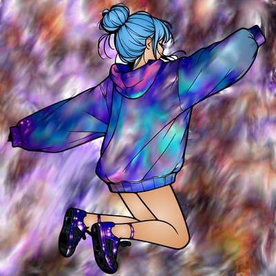 realistic girl jumping with a bun and oversized sweatshirt