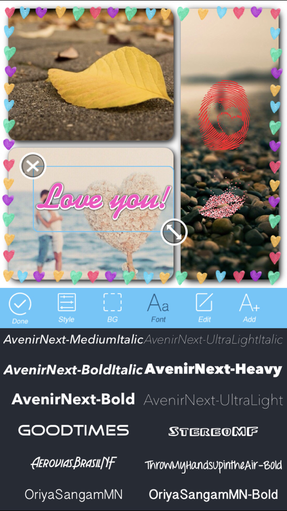 LiveCollage Classic - Instant Collage Maker - A photo collage app screen showing text font options and a heart themed layout with stickers