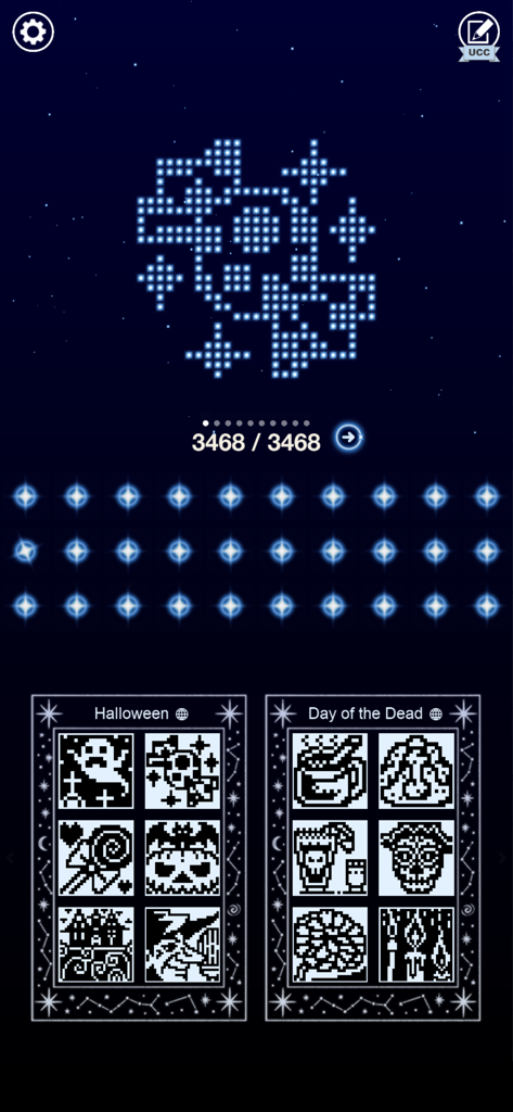 Nonogram galaxy 2 - Thema - Uno screenshot del menu dell'app Nonogram Galaxy 2 che mostra pacchetti di puzzle per i temi di Halloween e Giorno dei Morti.