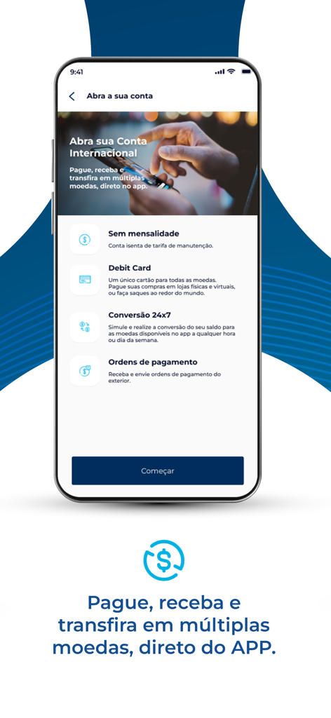 Conta Global Advanced by BS2 - Main screen of Conta Global Advanced by BS2 app detailing international account benefits and multi-currency debit card