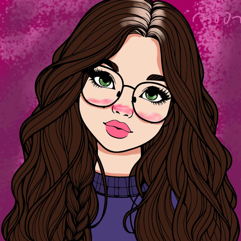 girl with long hair and freckles and glasses realistic